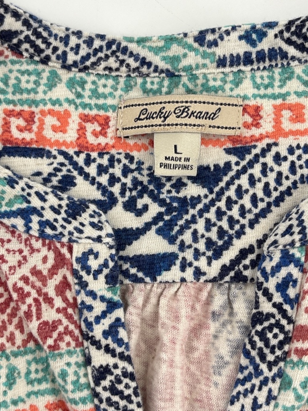 Lucky Brand Coral, Navy & Teal Geometric Cap-Sleeve Button Front Top - Picture 2 of 5